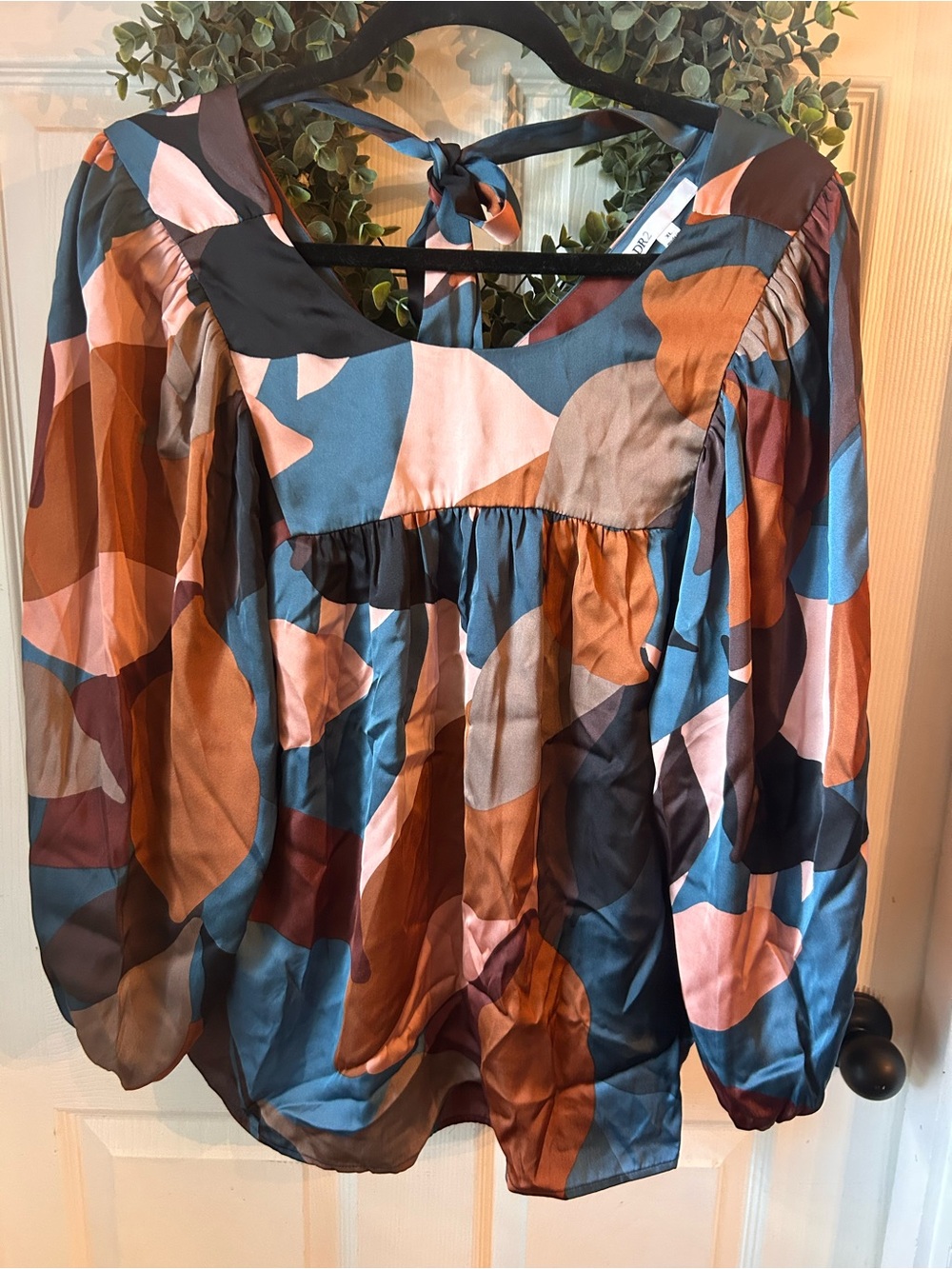 DR2 Multicolor Abstract Peasant Blouse in Blue, Rust & Pink